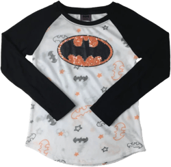 Batman Girls Sequin Black White & Orange Glitter Halloween Baseball T-Shirt