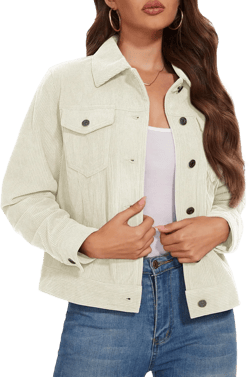 MAGCOMSEN Women's Corduroy Jacket Fashion Cropped Jackets Button Down Shacket Long Sleeve Outerwear with Flap Pockets Large Beige