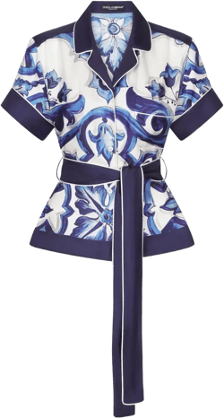 Majolica-print belted silk shirt