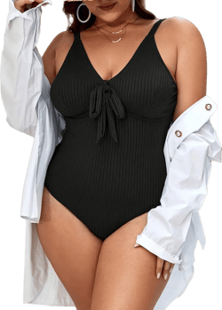 Plus Size Womens Ribbed One-Piece Bikini Swimsuit Summer Seeveless Knot Front Monokini Swimwear Black 2XL