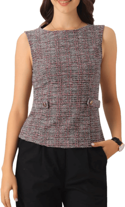 Allegra K Tweed Top for Women's Elegant Plaid Print Sleeveless Crew Neck Waist Buckle Back Zipper Blazer Vest Tops Small Red Black