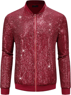 Lars Amadeus Sequin Varsity Jacket for Men's 70s Disco Zipper Party Glitter Shiny Bomber Jackets Small Red