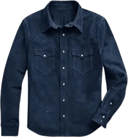 Western Denim Style Roughout Suede Shirt - Soft Genuine Suede Leather Journeyman Down Shacket Jacket 5X-Large Navy Blue- Suede Denim Style