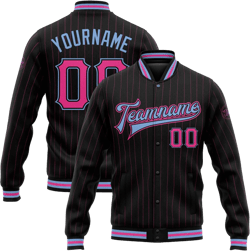 Custom Black Pink Pinstripe Light Blue Bomber Full-Snap Varsity Letterman Jacket