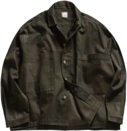 SAM SHIRT JACKET - OLIVE SMOKE OVERDYED "STRIPES & SQUARES" HAND SCREENED HBT COTTON