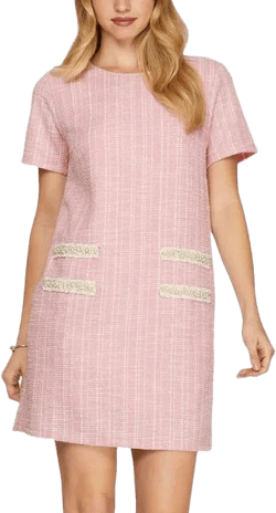 She + Sky Full Size Short Sleeve Pearl Studded Trim Knit Tweed Dress Plus Size