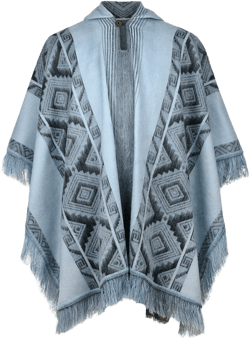 Chambira - Lightweight Baby Alpaca Fringed Hooded Poncho - Andean Sky Blue & Charcoal - Unisex
