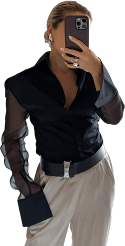 SILK ORGANZA SLEEVE SHIRT in BLACK