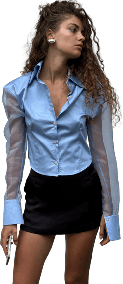 SILK ORGANZA SLEEVE SHIRT in OXFORD BLUE