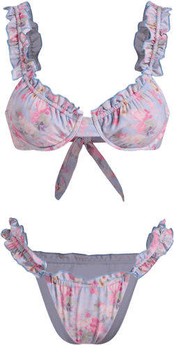 V-neck Floral Lettuce Trim Underwire Bikini Set
