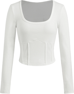 Cotton-blend Square Neck Solid Corset Long Sleeve Tee