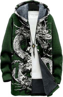 Mens Hooded Cardigan Sweater Japanese Art Zip Up Vintage Long Sleeve Casual Hoodie Dragon Print Coat with Pockets Green Ink Dragon 5X-Large