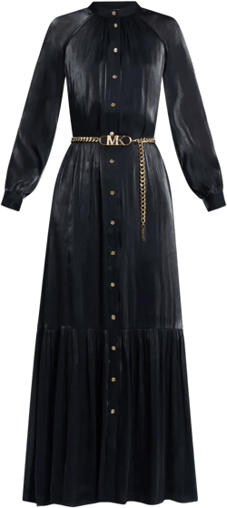 long-sleeve belted maxi shirtdress