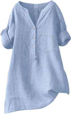 Boho Linen Shirts for Women 2025 Gauze Short Sleeve V Neck Button Loose Fit Blouses Vacation Dress Casual Tunic Tops Sky Blue XX-Large