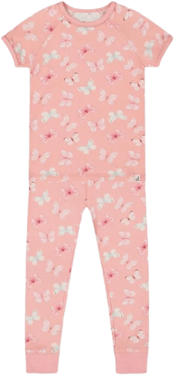 Deux par Deux Girl Organic Cotton Short Sleeve Top and Pant Pajama Set Pink and Blue Butterflies on Old Pink - 7 Years