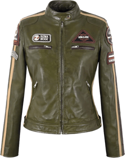 SIZMA Womens Real Leather Jacket Classic Vintage Retro Motorcycle Racer Style 5011 12 Olive