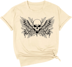 Skull Floral T Shirt for Women Vintage Skeleton Roses Shirt Country Music Graphic Print Tee Casual Holiday Vacation Tops