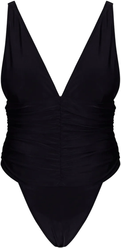 Black Ruched Waist High Leg Plunge Swimsuit