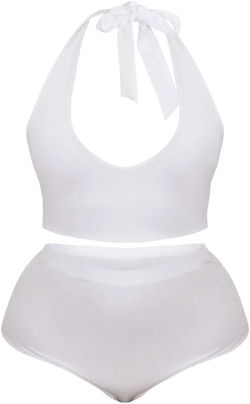 Plus White High Waist Halterneck Bikini Set