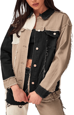 Flygo Women's Destroyed Patchwork Color Block Denim Jacket Jean Coat