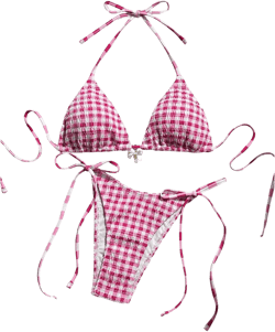 GORGLITTER Women's Gingham Bikini Y2k Plaid Checkered Halter Triangle Top and High Cut Thong Swimsuit Trendy
