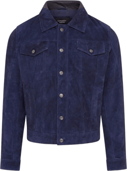 Mens Goat Suede Jeans Jacket Trucker Casual Denim Leather Shirt 5X-Large Navy Blue