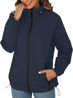 Avoogue Rain Jacket for Women Waterproof Lightweight Windbreaker Jacket with Hood Packable Raincoat with Pockets S-3XL Navy Blue X-Large