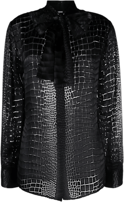 croc-effect scarf-tie blouse