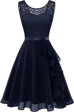 BeryLove Women's Cocktail Dresses Prom Wedding Guest Short Bridesmaid Dresses Ruffle Hem Sleeveless Lace Formal Dress Large Navy