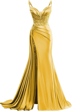 V Neck Satin Prom Dresses Long Mermaid Lace Evening Gown with Slit Pleated Bodycon Formal Dress with Tail Gold 10