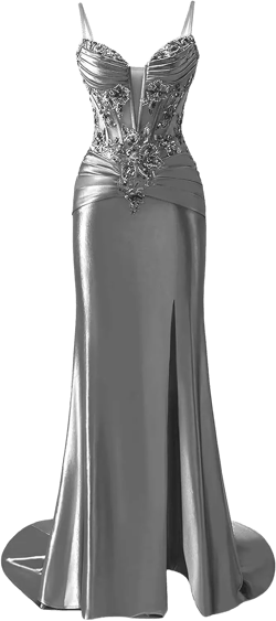 Mermaid Prom Dresses Long for Women Spaghetti Straps Formal Gown Satin Lace Evening Dress with Slit 2 Grey
