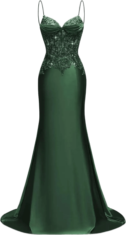 Silk Beaded Prom Dresses Long for Women Mermaid Formal Dresses Spaghetti Straps Evening Party Gowns 16 Dark Green