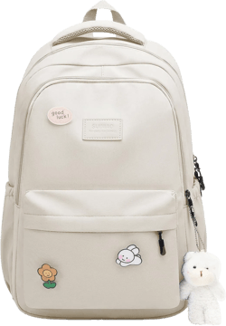 Cute Aesthetic Backpack for Girls,Kawaii Backpack for School, College Bookbag for Teens Women with Bear Pendant and Pins, Beige White Beige White Medium