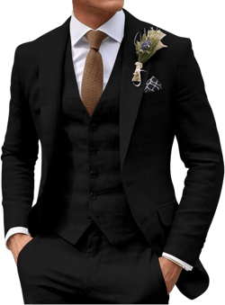 HUUTOE Mens 3 Piece Linen Slim Fit Suits for Men Beach Wedding Summer Prom Casual Grooms Blazer Pants and Vest Suit Set 40 Black