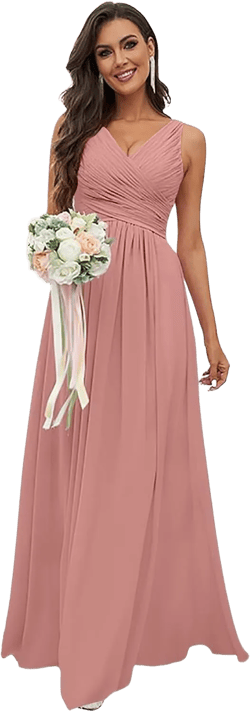 Women's V Neck Chiffon Bridesmaid Dresses for Wedding Pleated A Line Long Formal Wedding Evening Dresses Dusty Rose 0