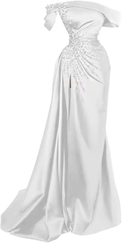 Tsbridal Mermaid Beads Prom Dress for Women with Slit Satin Long Off The Shoulder Formal Evening Party Gown White 18 Plus