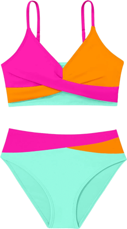 WIQI Girls Swimsuit Bikini Set 2 Piece Bathing Suits Color Block Criss Cross Swimwear Size 9-16 Pink Orange 13-14 Years