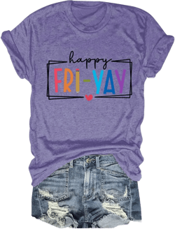 Happy Fri-yay Shirts for Women Short Sleeve Graphic Tees Casual Funny Teacher Gifts Novelty Tops Medium Purple