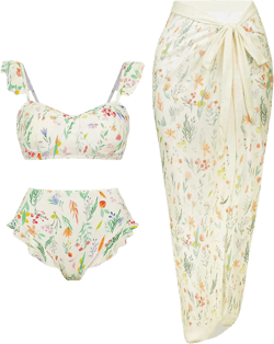 Women's 3 Piece Swimsuits with Beach Cover Up High Waisted Bikini with Matching Wrap Skirt Retro Floral Print Bathing Suits Sarong 3 Piece Bikini Set for Women Beige Floral Medium