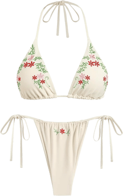 ZAFUL Women's Sexy Halter Bikini Sets Bow Decor Tiny Floral Print Bikini Swimsuits Tie Side Triangle Bathing Suits Medium 0-white