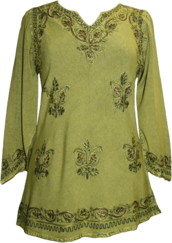 Agan Traders 2025 Summer Long Sleeve Diamond Neck Fall Embroidered Tops - Medieval Boho Vintage Tunic Kurta Blouses for Women XX-Large Lime