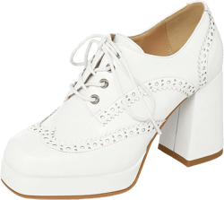 LUXMAX Women Platform Oxford Shoes Lace Upe Square Toe Wingtip Shoes Vintage Chunky Heel Saddle Shoes, Size 8 M US,1-White