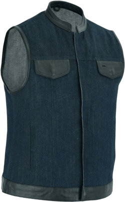 DM Women's Broken Blue Rough Rub-Off Raw Finish Denim Vest W/Leath