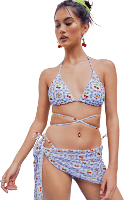 Halter Cherry Tie Side Bikini Swimsuit With Sarong