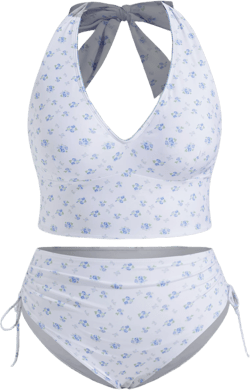 Halter Floral Drawstring Full Coverage Tankini Bikini Set Curve & Plus