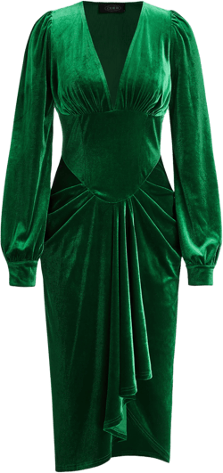 Velvet V-neck Solid Pleated Midi Dress