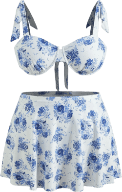 V-neck Floral Underwire Cheeky Shaping Bikini Set With Sarong Curve & Plus