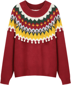 Knit Round Neckline Fair Isle Pom Pom Sweater