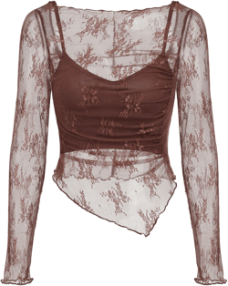 Lace Boat Neck Floral Long Sleeve Top & Cami Top 