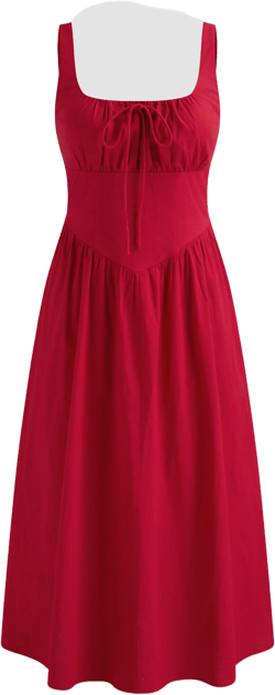 Linen-blend Square Neck Solid Knotted Midi Dress